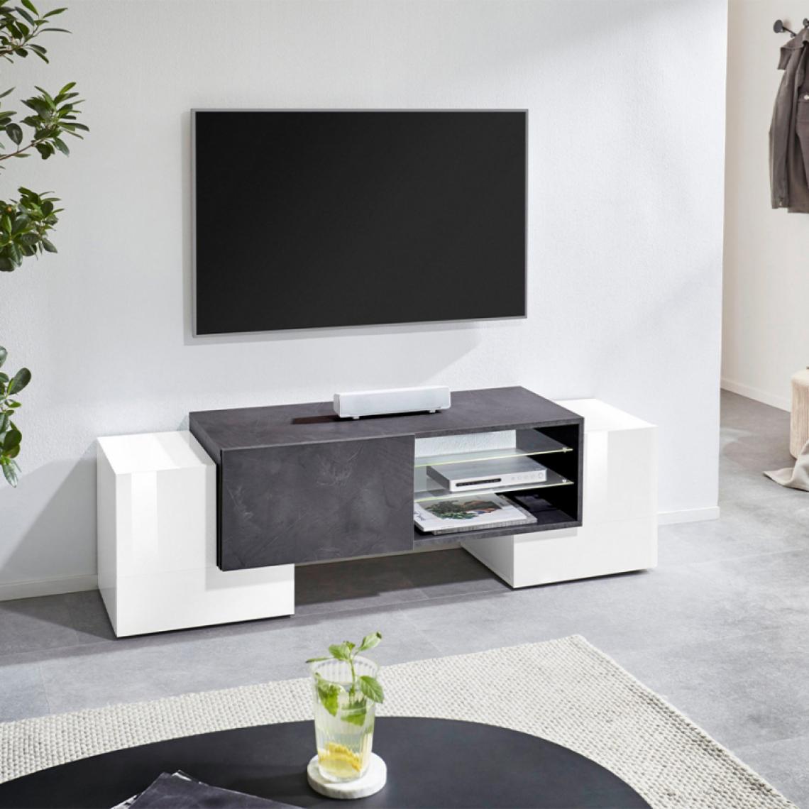 Ahd Amazing Home Design - Meuble TV 3 Portes 2 Étagères En Verre 150cm Salon Pillon Ardesia M - Meubles TV, Hi-Fi