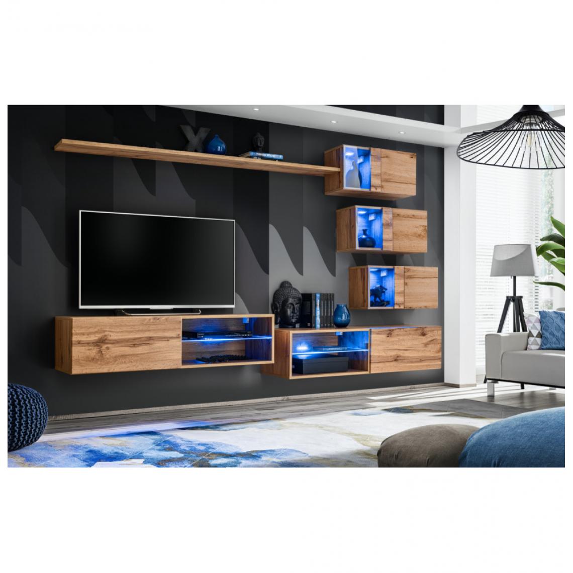 Ac-Deco - Ensemble meuble TV mural Switch XXIV - L 260 x P 40 x H 170 cm - Marron - Meubles TV, Hi-Fi