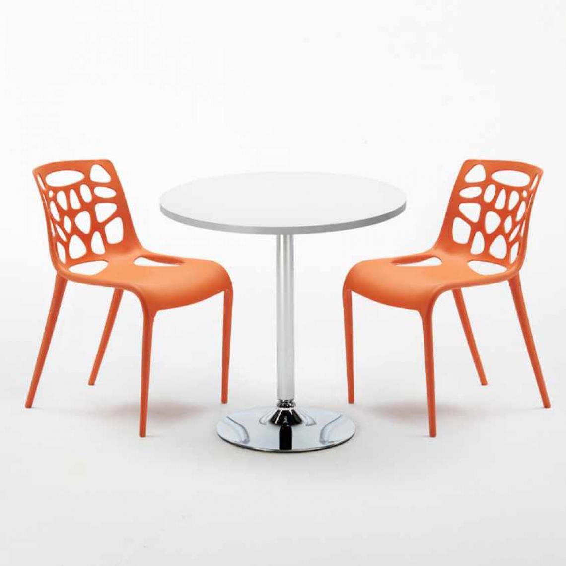 Ahd Amazing Home Design - Table Ronde Blanche 70x70cm Avec 2 Chaises Colorées Set Intérieur Bar Café Gelateria LONG Island, Couleur: Orange - Tables à manger