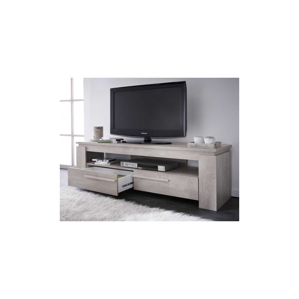 Dansmamaison - Meuble TV 2 tiroirs Chêne Beige - TOULOUSE - L 140 x l 42 x H 47 cm - Meubles TV, Hi-Fi