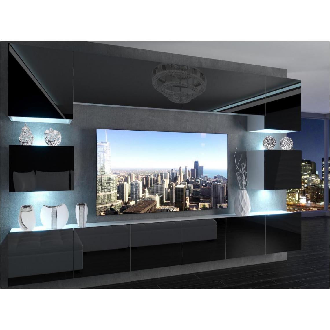 Hucoco - KLARI - Ensemble meubles TV + LED - Unité murale style moderne - Largeur 300 cm - Mur TV à suspendre finition gloss - Noir - Meubles TV, Hi-Fi