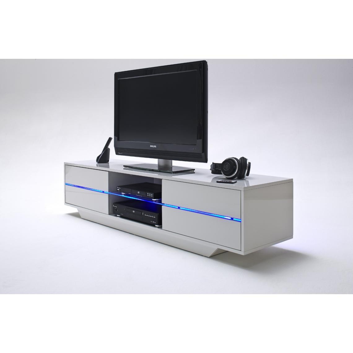 Pegane - Meuble TV avec LED bleu coloris laqué blanc brillant - L160 x H36 x P40 cm - Meubles TV, Hi-Fi