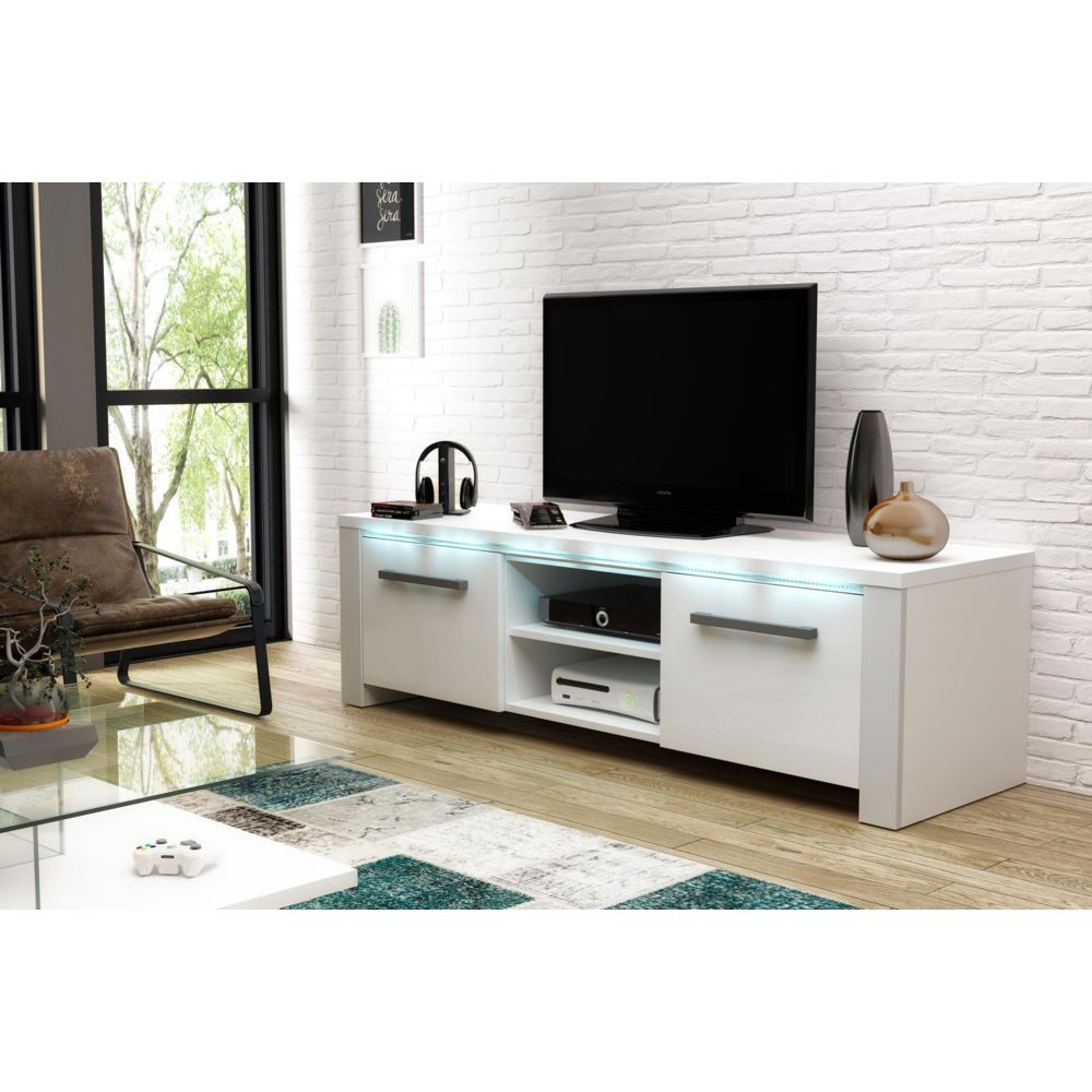 Vivaldi - VIVALDI Meuble TV - MANHATTAN - 140 cm - blanc mat / blanc brillant +LED - style moderne - Meubles TV, Hi-Fi