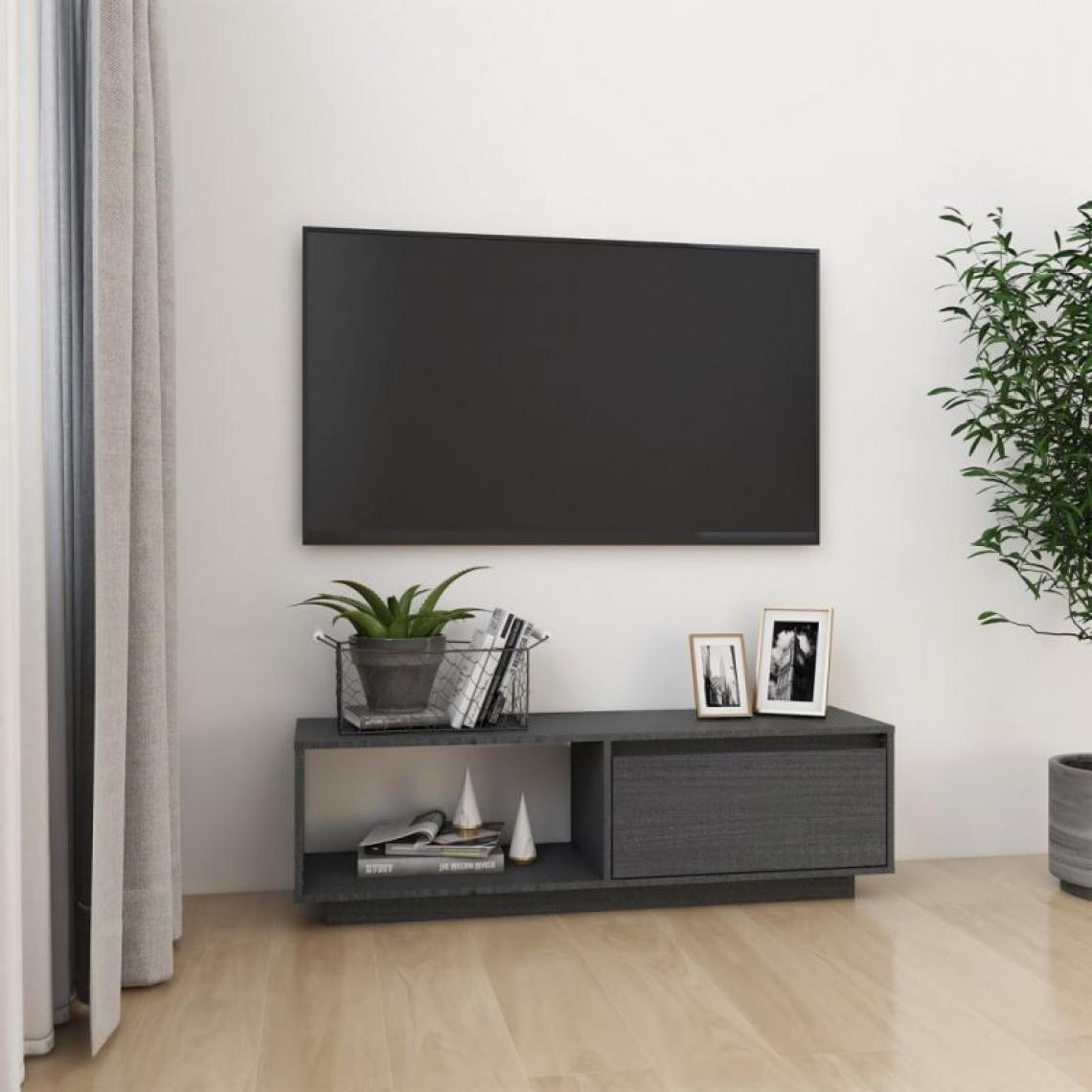 Vidaxl - vidaXL Meuble TV Gris 110x30x33,5 cm Bois de pin massif - Meubles TV, Hi-Fi