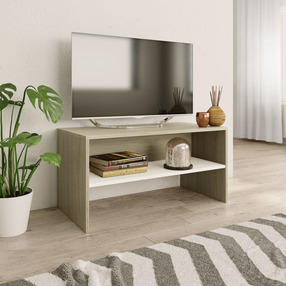 Uco - UCO Meuble TV Blanc et chêne sonoma 80 x 40 x 40 cm Aggloméré - Meubles TV, Hi-Fi