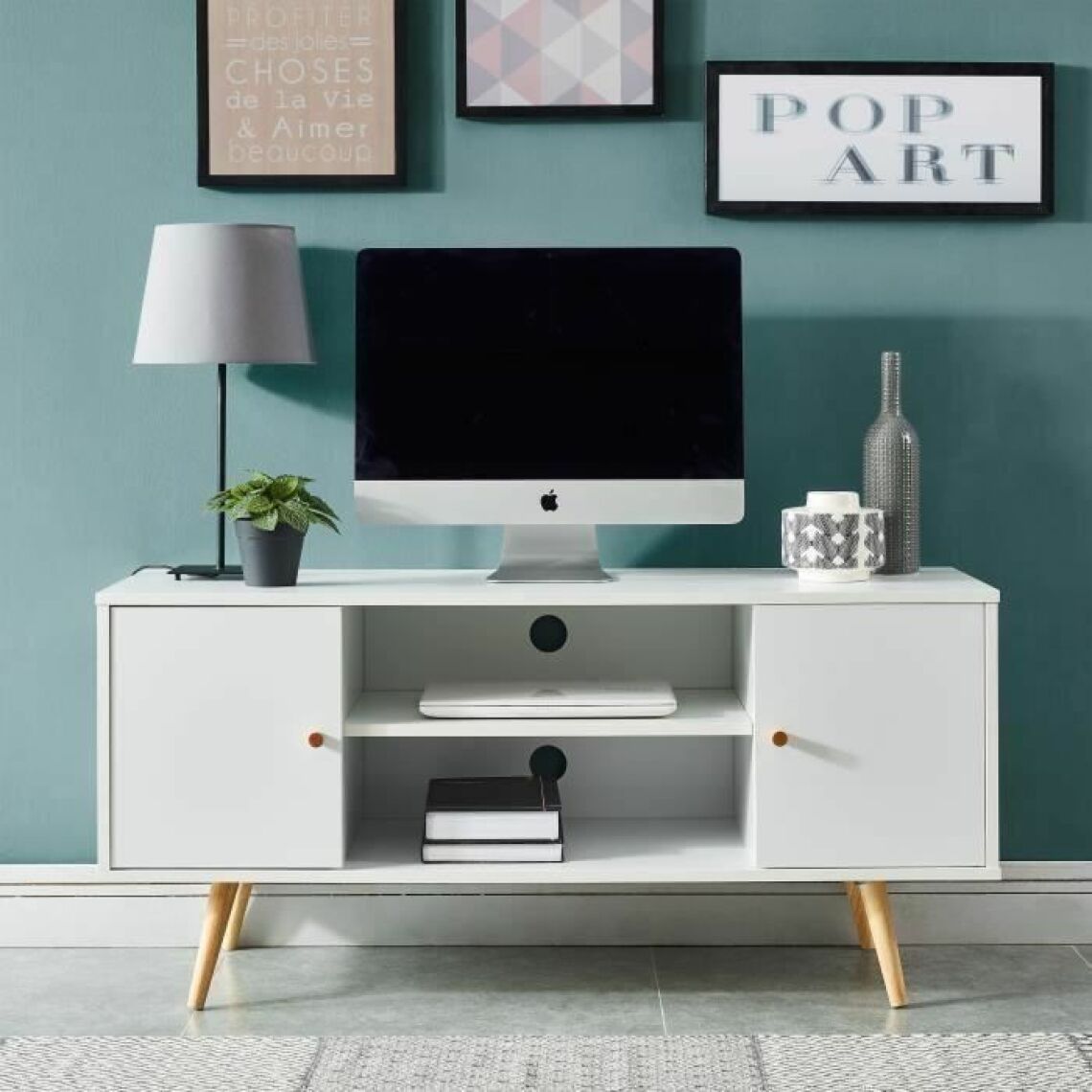 Sans Marque - BABETTE Meuble TV scandinave decor blanc + pieds en bois eucalyptus - L 116 cm - Meubles TV, Hi-Fi