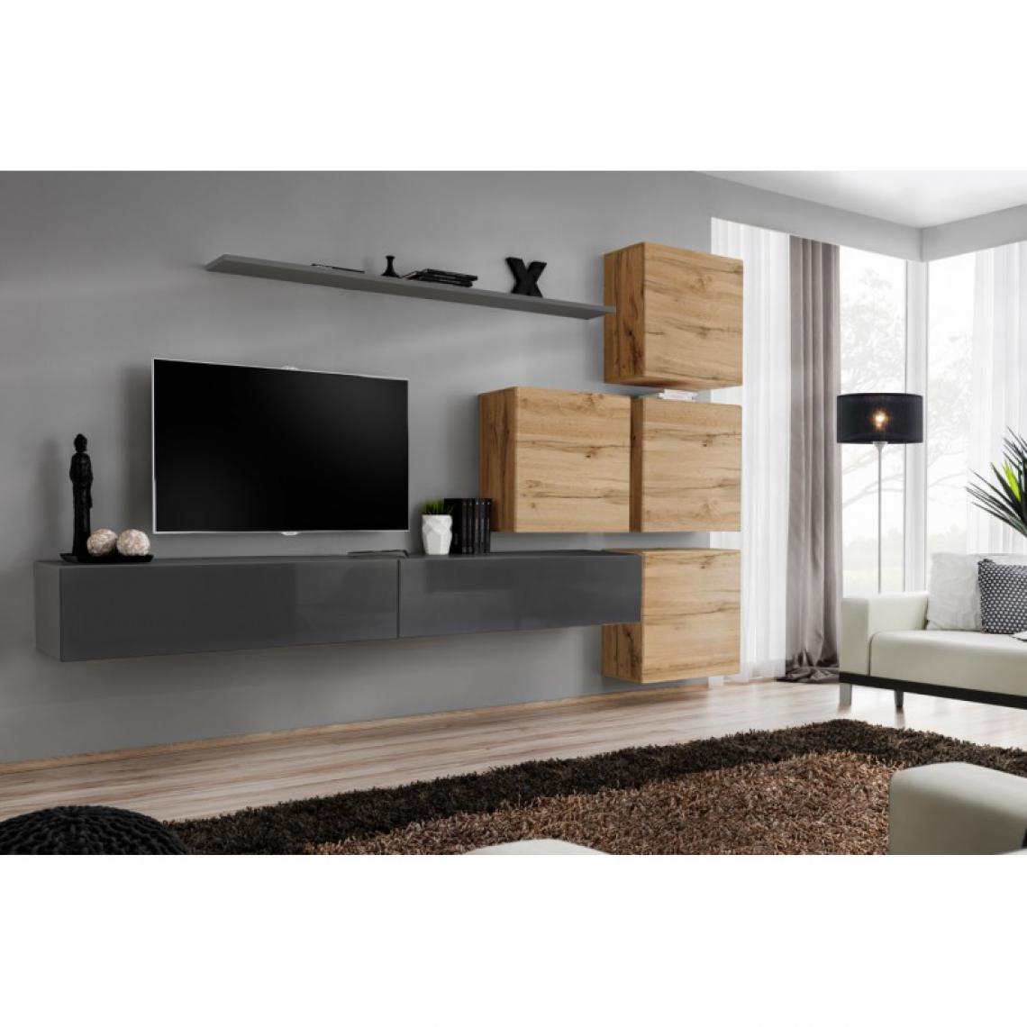Ac-Deco - Meuble TV Mural Design Switch IX 310cm Gris & Naturel - Meubles TV, Hi-Fi