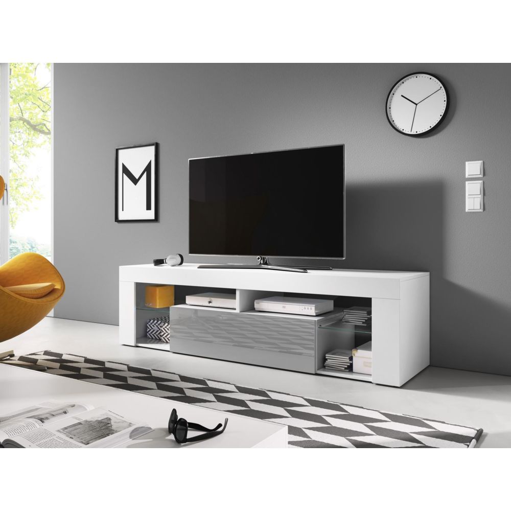 Vivaldi - VIVALDI Meuble TV - EVEREST 2 - 140 cm - blanc mat / gris brillant - style design - Meubles TV, Hi-Fi