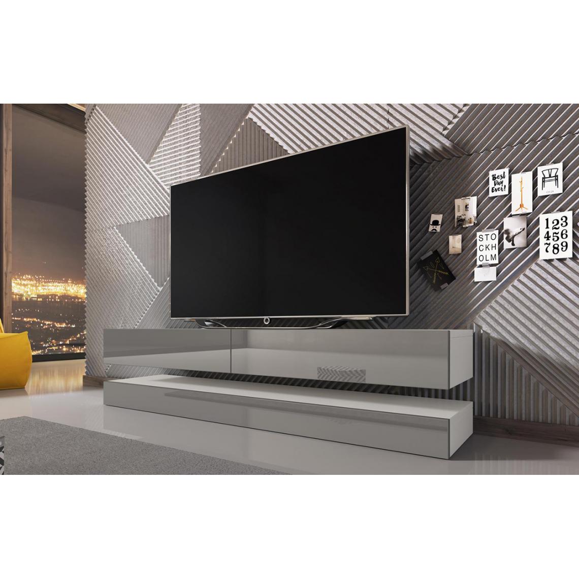 Pegane - Meuble TV coloris blanc mat / gris brillant - Hauteur 35 x Longueur 140 x Profondeur 40 cm - Meubles TV, Hi-Fi