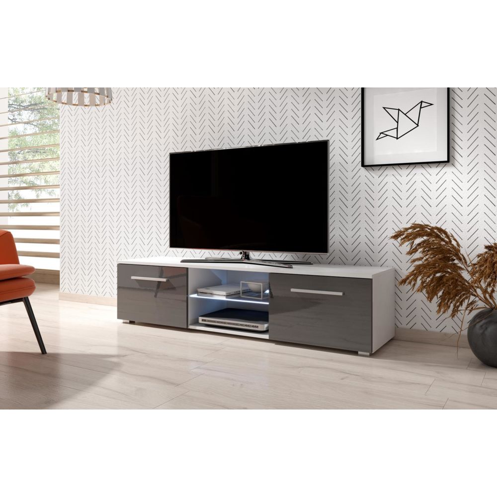 Vivaldi - VIVALDI Meuble TV - MOON - 140 cm - blanc mat / gris brillant +LED - style moderne - Meubles TV, Hi-Fi