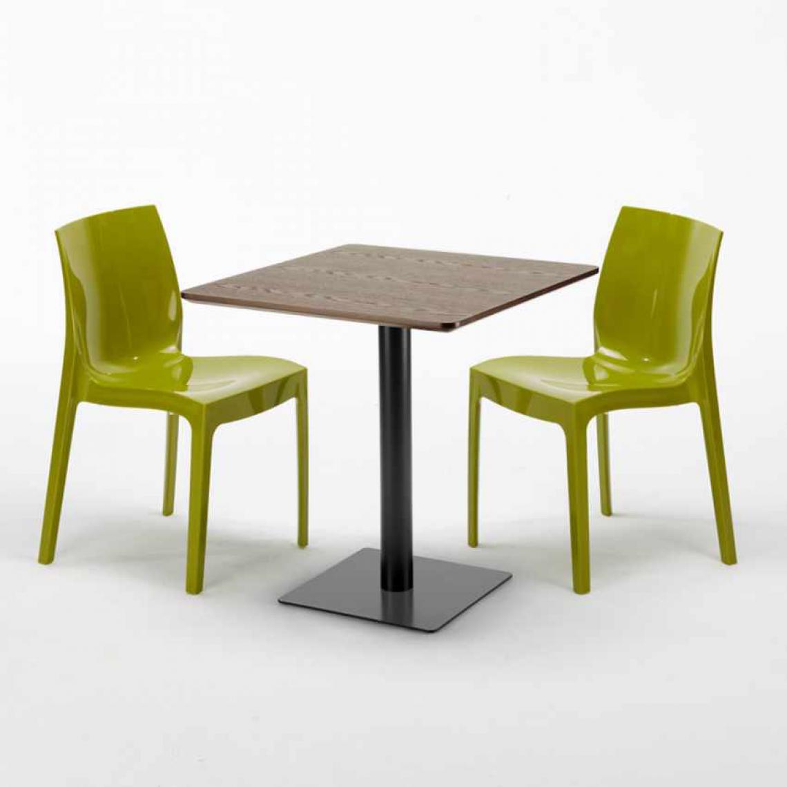 Grand Soleil - Table carrée 60x60 pied noir et plateau bois avec 2 chaises colorées Ice Kiss, Couleur: Vert - Tables à manger