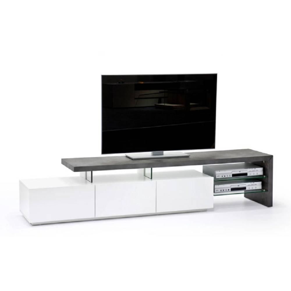 Inside 75 - Meuble TV design ALRIK 3 tiroirs structure laquée blanc mat plateau décor béton - Meubles TV, Hi-Fi