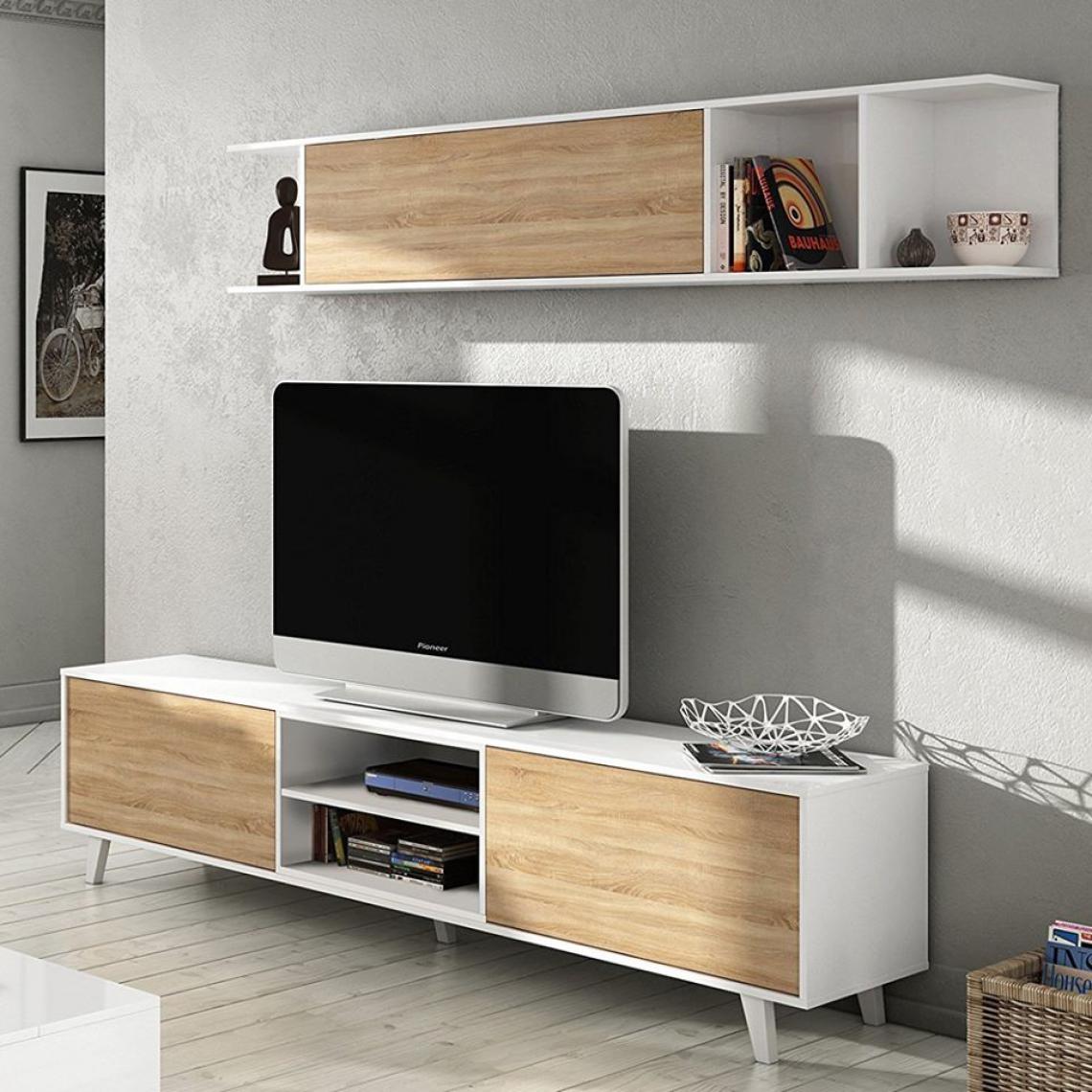 Alter - Meuble TV de salon, blanc brillant et chêne, Mesure 180 x 51 x 41 cm - Meubles TV, Hi-Fi