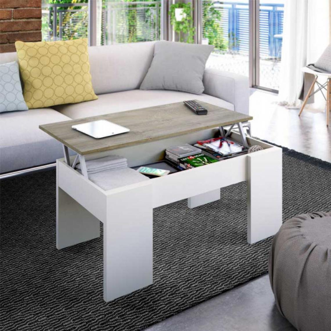 Dansmamaison - Table basse relevable Blanc/Chêne - ARTICA - L 100 x l 50 x H 45 cm - Tables basses