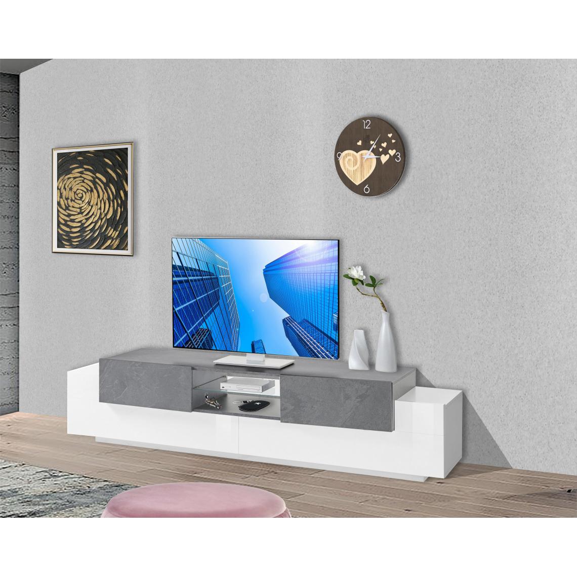 Alter - Meuble TV de salon, Made in Italy, Meuble TV avec 4 portes et étagères, 220x45h51 cm, blanc brillant et gris ardoise - Meubles TV, Hi-Fi