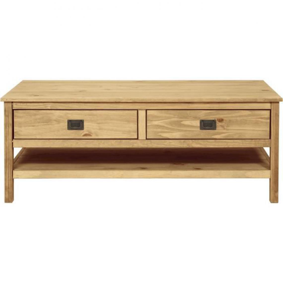 Cstore - Table basse rectangulaire - En bois pin massif - Marron - 2 tiroirs + 1 étagère - L 140 x P 60 x H 54 cm - ESTEBAN - Tables basses
