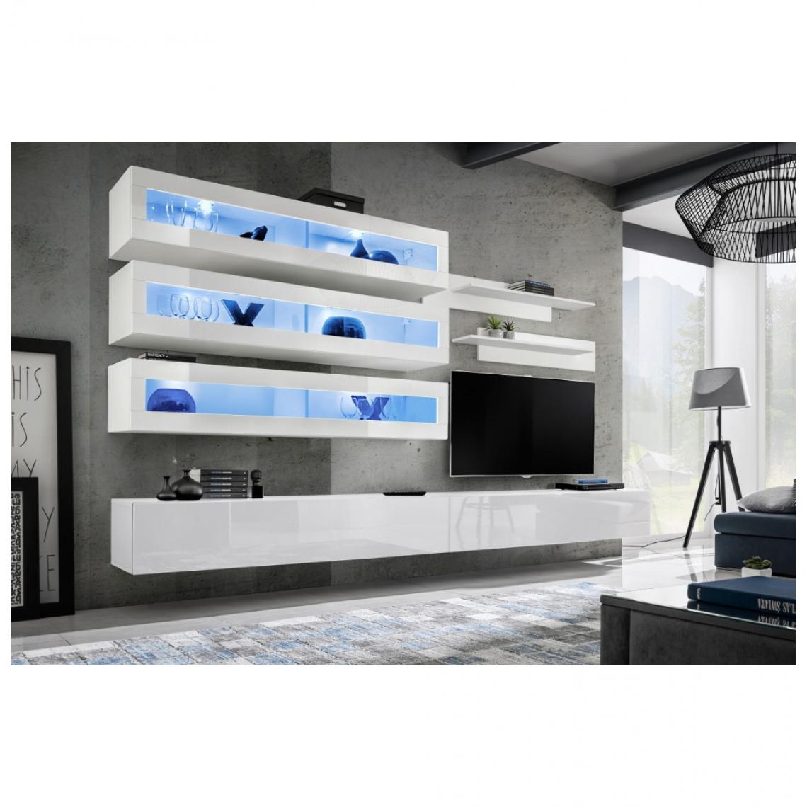 Ac-Deco - Ensemble mural - FLY J - 3 rangements LED - 2 meubles TV - 2 étagères - Blanc - Modèle 1 - Meubles TV, Hi-Fi