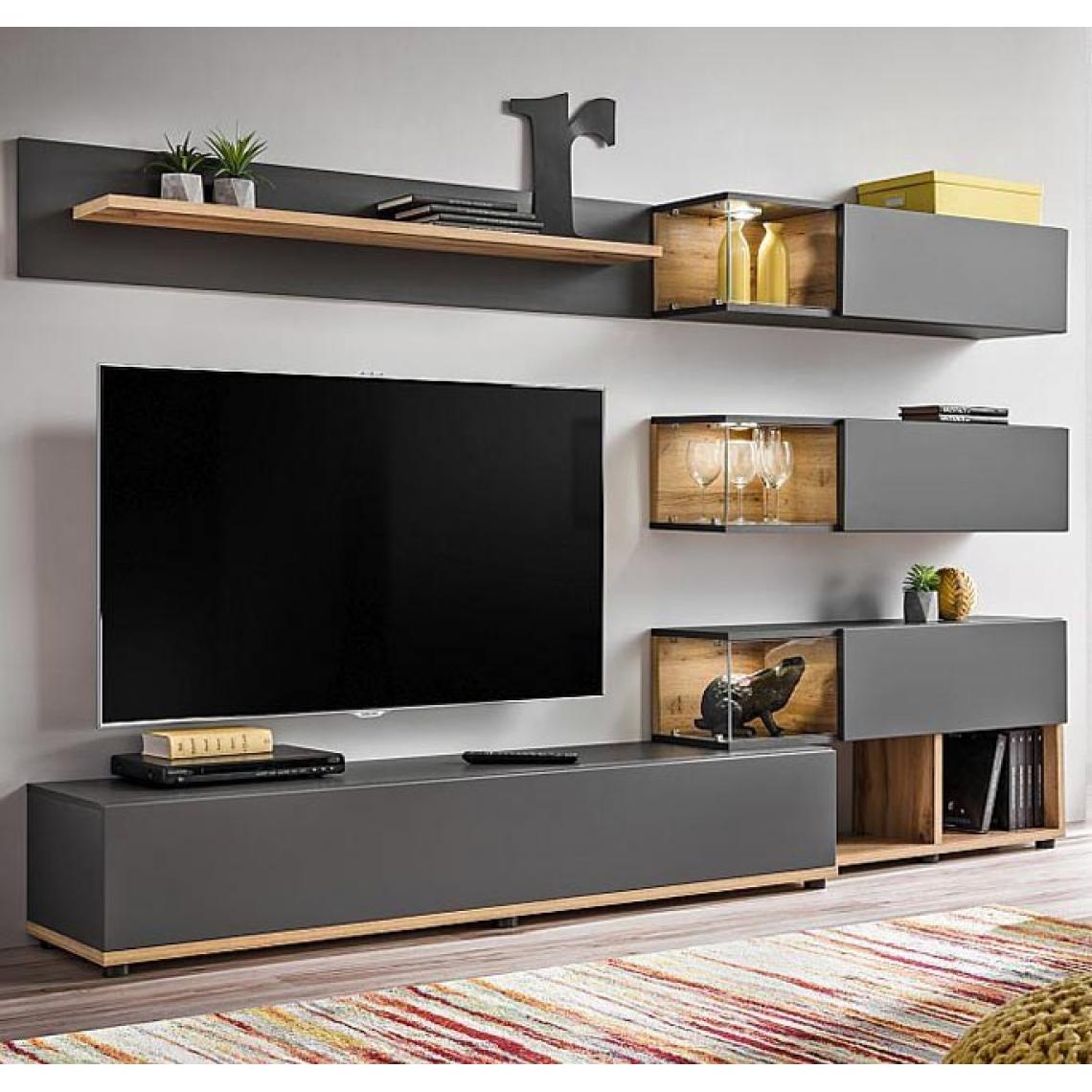 Design Ameublement - Meuble Mural TV modèle Odin couleur gris et chêne (2,4m) - Meubles TV, Hi-Fi