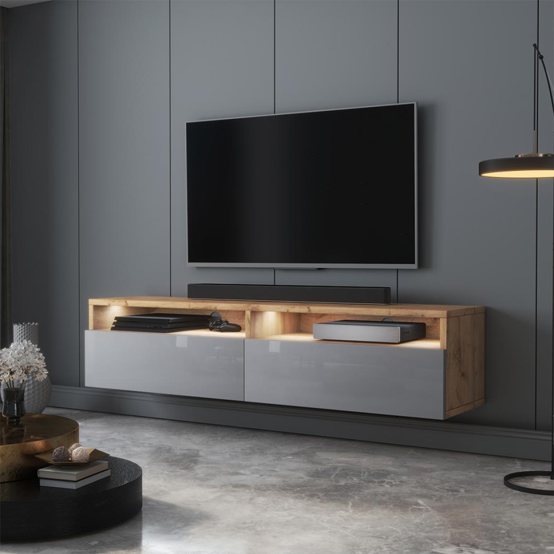 Selsey - Meuble TV - REDNAW - 140 cm - chêne wotan / gris brillant - avec LED - Meubles TV, Hi-Fi