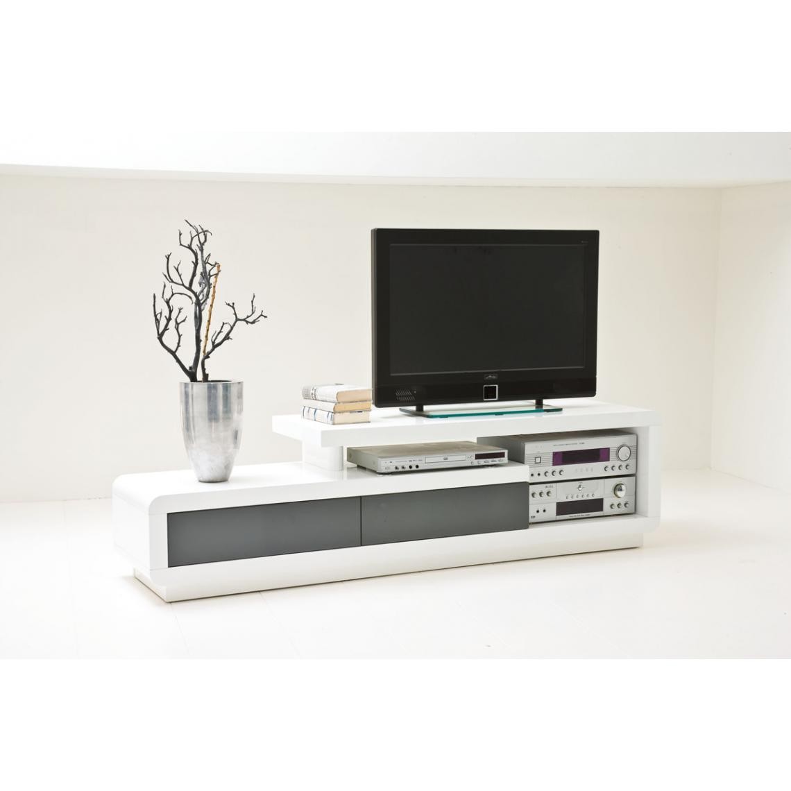Pegane - Meuble TV en laqué blanc brillant avec 2 tirois gris - L170 x H40 x P45 cm - Meubles TV, Hi-Fi