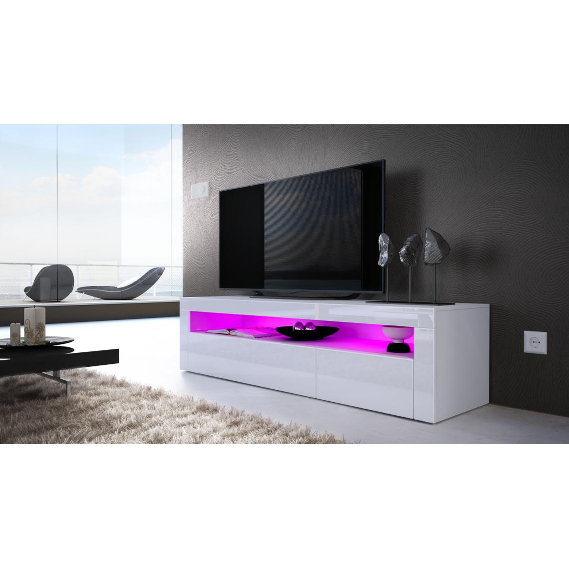Mpc - Meuble bas blanc mat façade brillante avec led 155 cm - Meubles TV, Hi-Fi