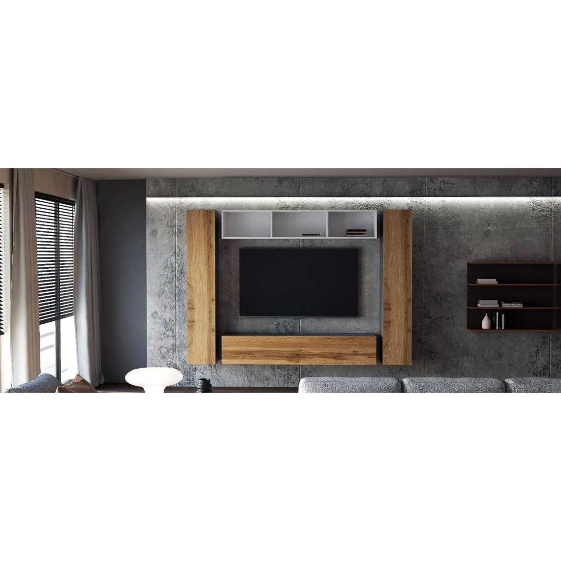 Mpc - Ensemble de 4 meubles suspendus blanc et noir mat/ chêne wotan - Meubles TV, Hi-Fi
