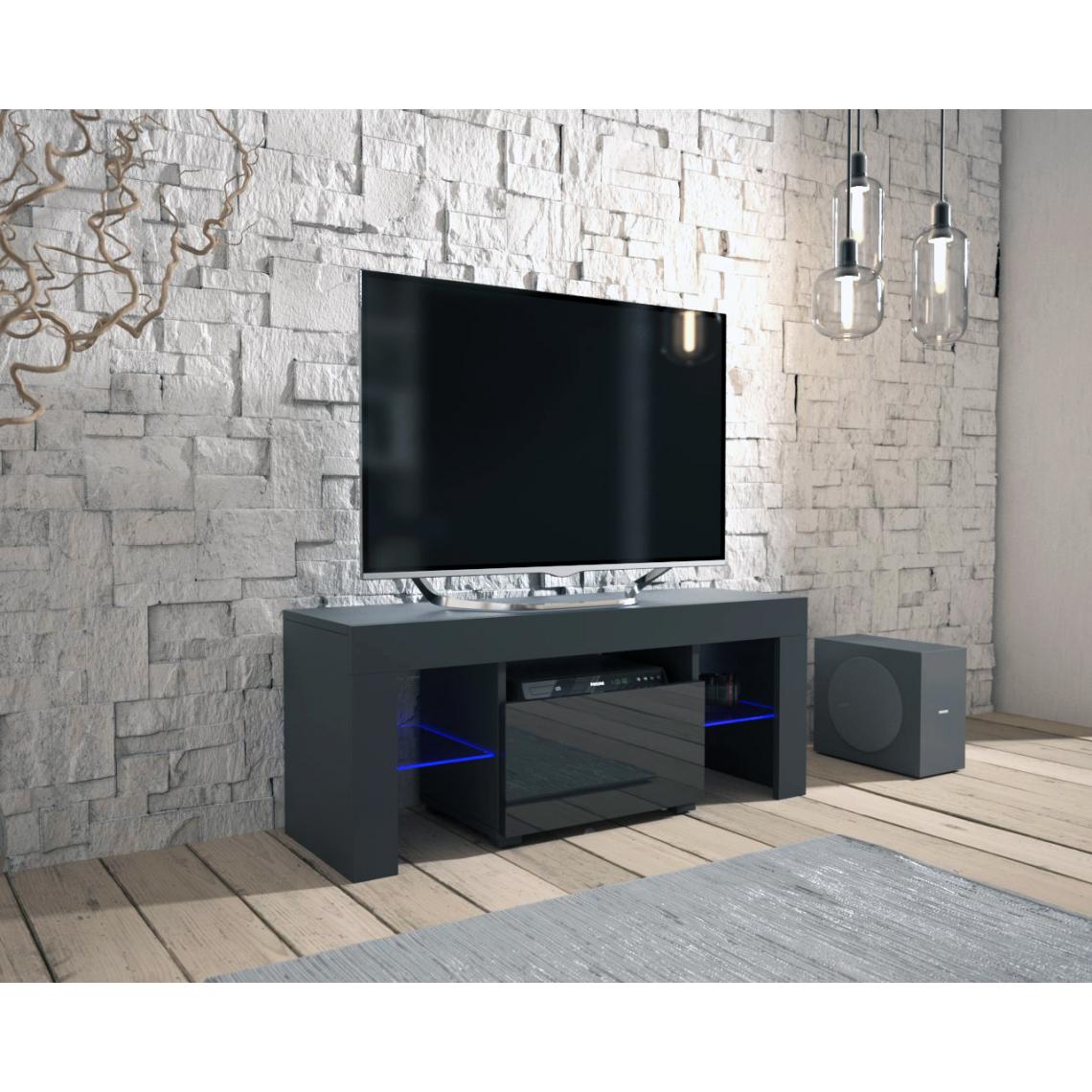 Mpc - Meuble tv 110 cm noir mat façade tiroir brillante + led rgb - Meubles TV, Hi-Fi