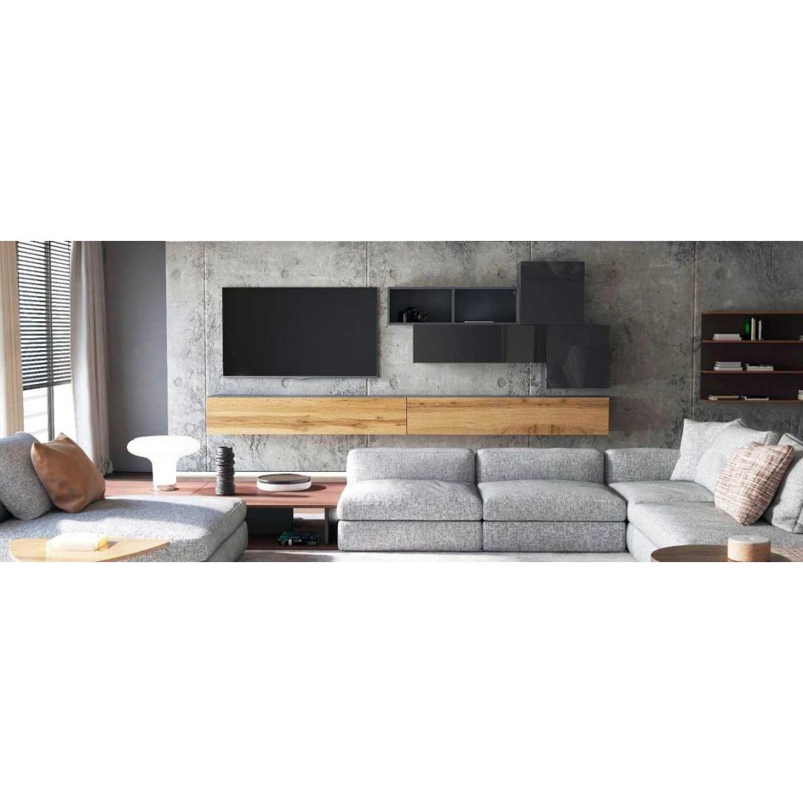 Mpc - Ensemble de 6 meubles suspendus noir / aspect chêne wotan + noir laqué - Meubles TV, Hi-Fi