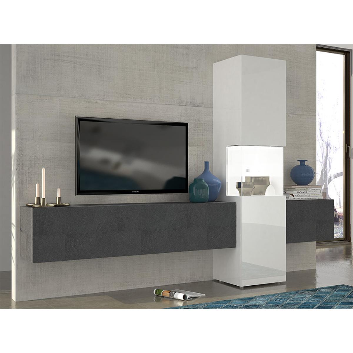 Kasalinea - Ensemble meuble TV effet marbré et blanc laqué design ZACH avec éclairage - Meubles TV, Hi-Fi