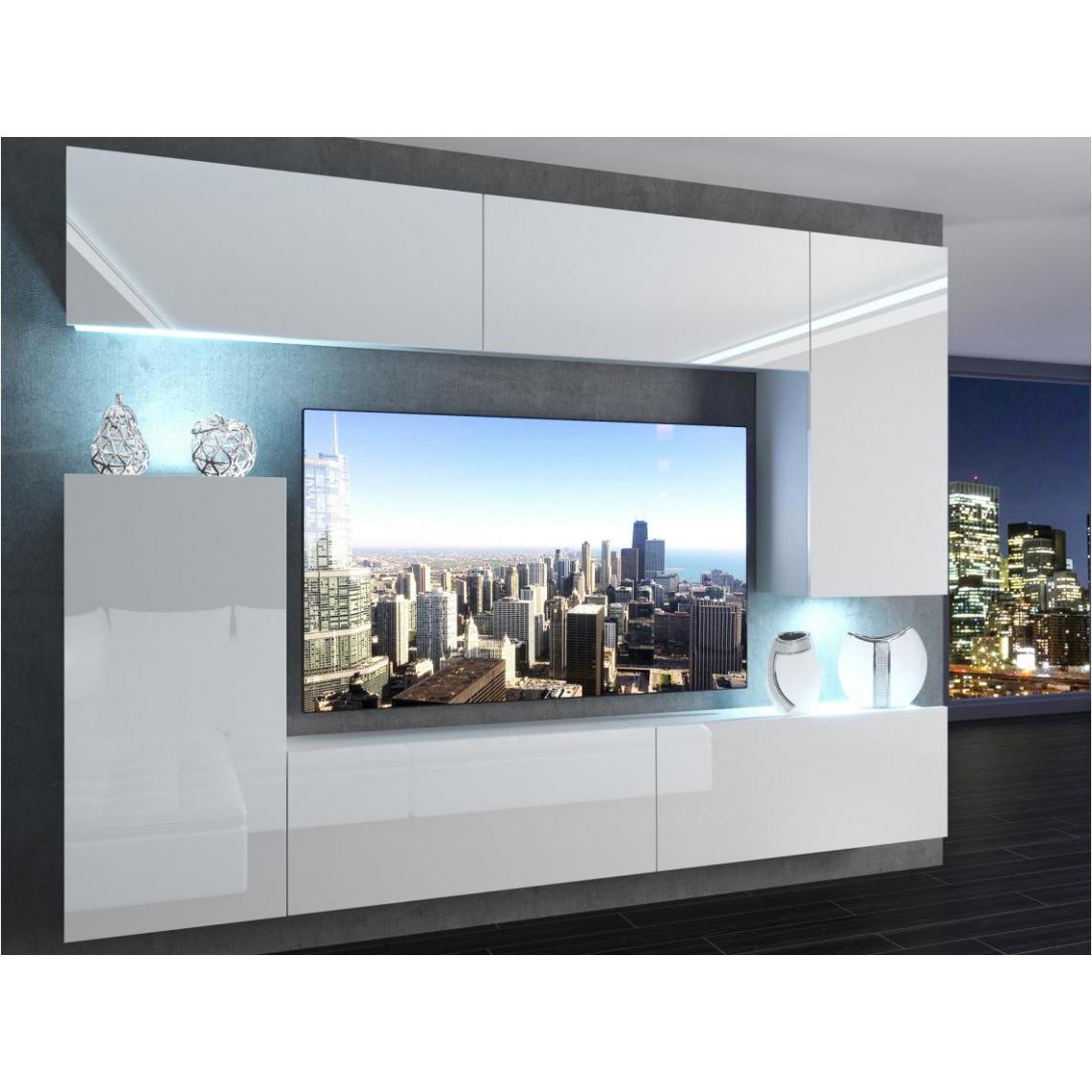 Hucoco - SLIDE - Ensemble meubles TV + LED - Unité murale moderne - Largeur 250 cm - Mur TV à suspendre - Finition gloss - Blanc - Meubles TV, Hi-Fi
