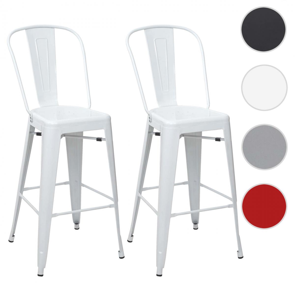Mendler - 2x tabouret de bar HWC-A73, chaise bar avec dosssier, métal, style industriel ~ blanc - Tabourets