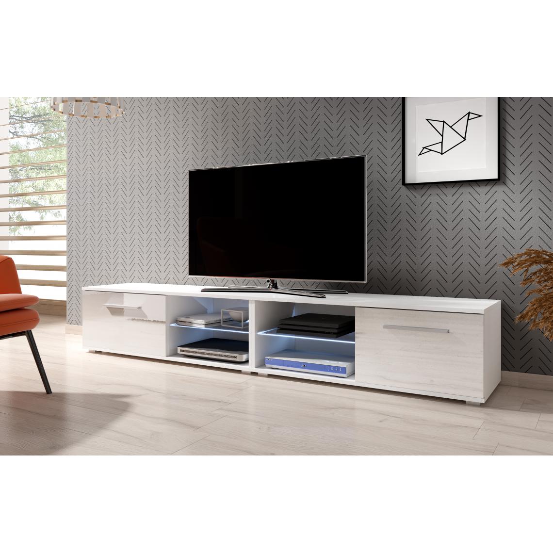3xeliving - Meuble TV moderniste Punes blanc / blanc brillant 140 cm LED - Meubles TV, Hi-Fi