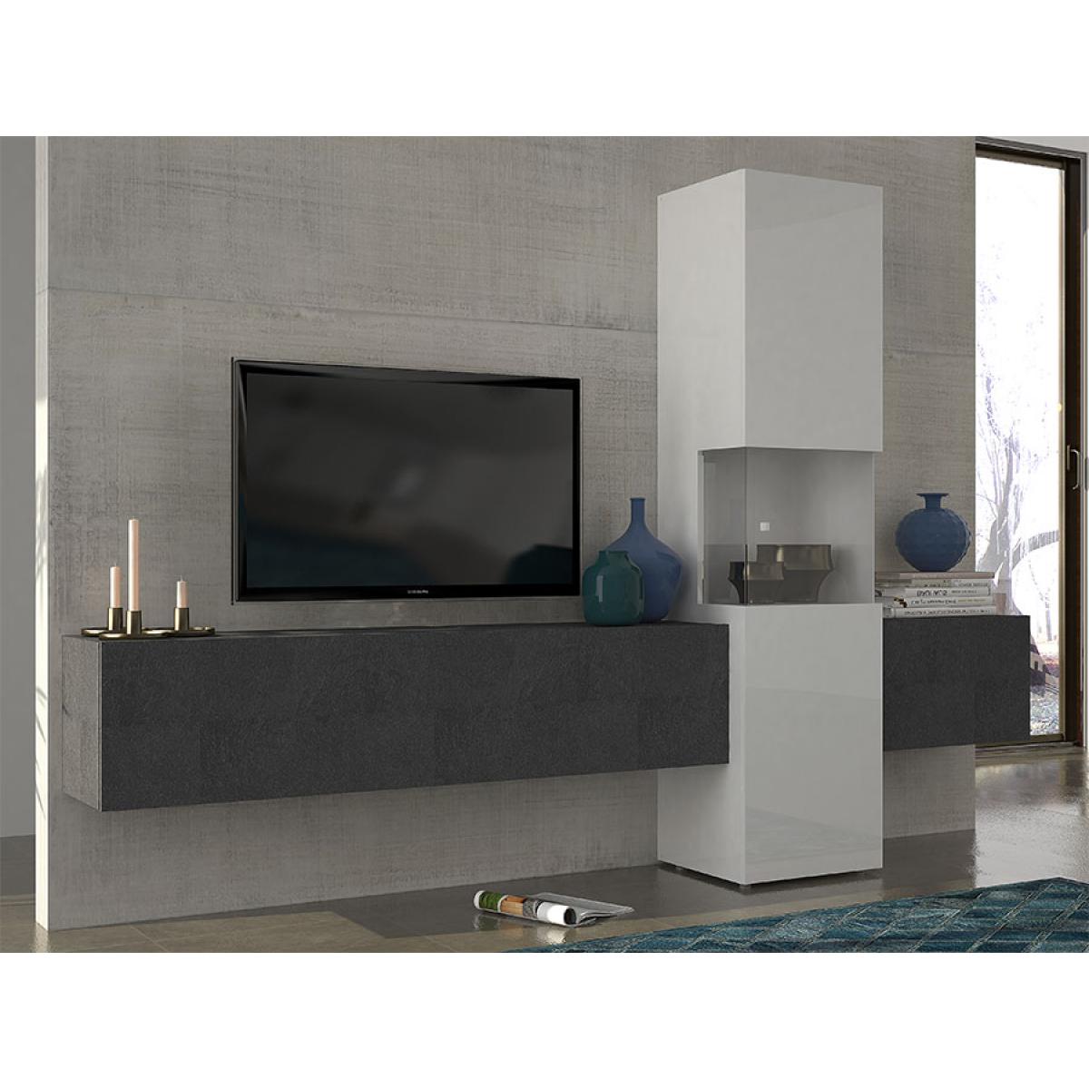 Kasalinea - Ensemble meuble TV effet marbré et blanc laqué design ZACH - Meubles TV, Hi-Fi