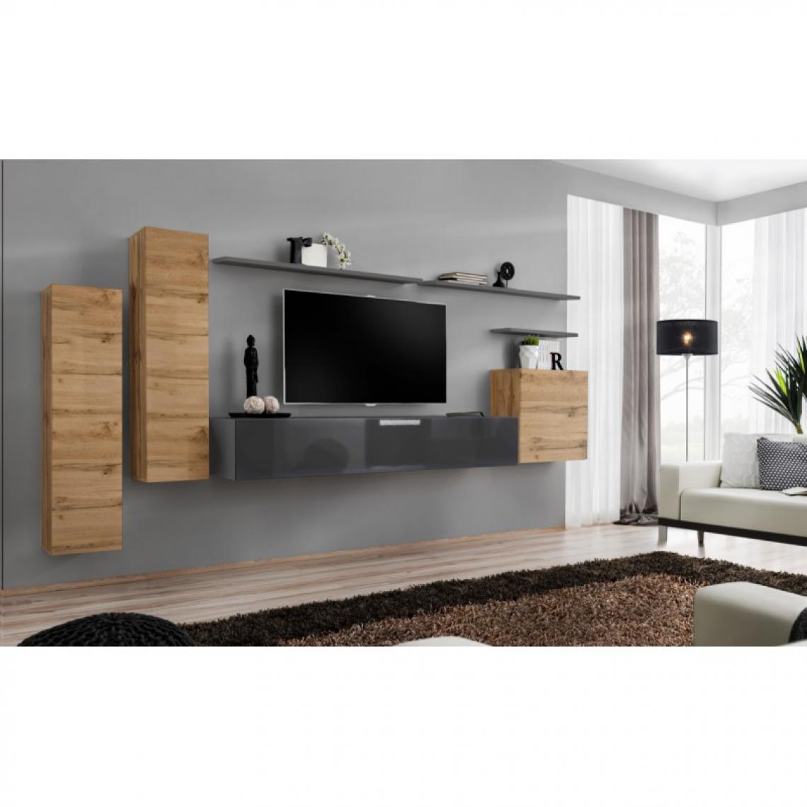 Ac-Deco - Meuble TV Mural Design Switch I 330cm Naturel & Gris - Meubles TV, Hi-Fi