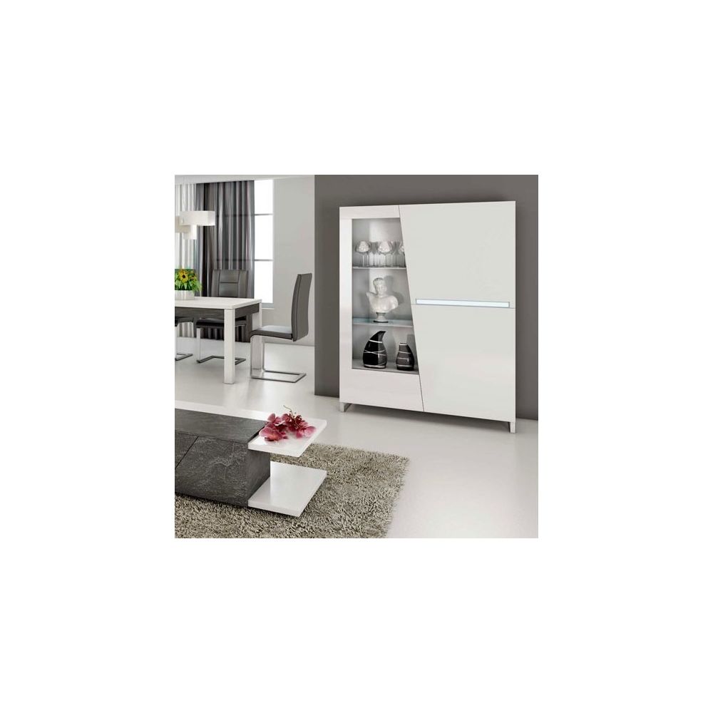 Nouvomeuble - Argentier Vaisselier design laqué blanc led 120x155 cm LAUREA - Buffets, chiffonniers