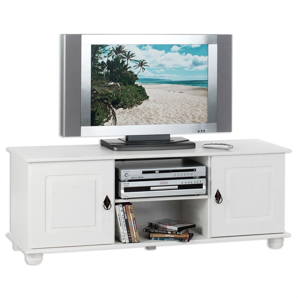 Idimex - Meuble TV en pin BELFORT, 2 portes + 2 niches, lasuré blanc - Meubles TV, Hi-Fi