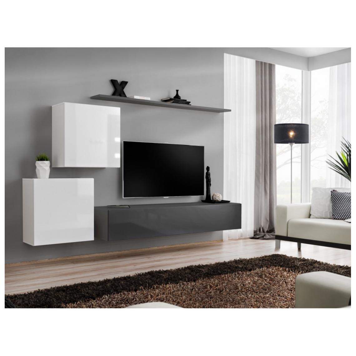 Ac-Deco - Ensemble mural - Switch V - 1 vitrine carrée - 1 banc TV - 1 étagère - Blanc et graphite - Modèle 1 - Meubles TV, Hi-Fi