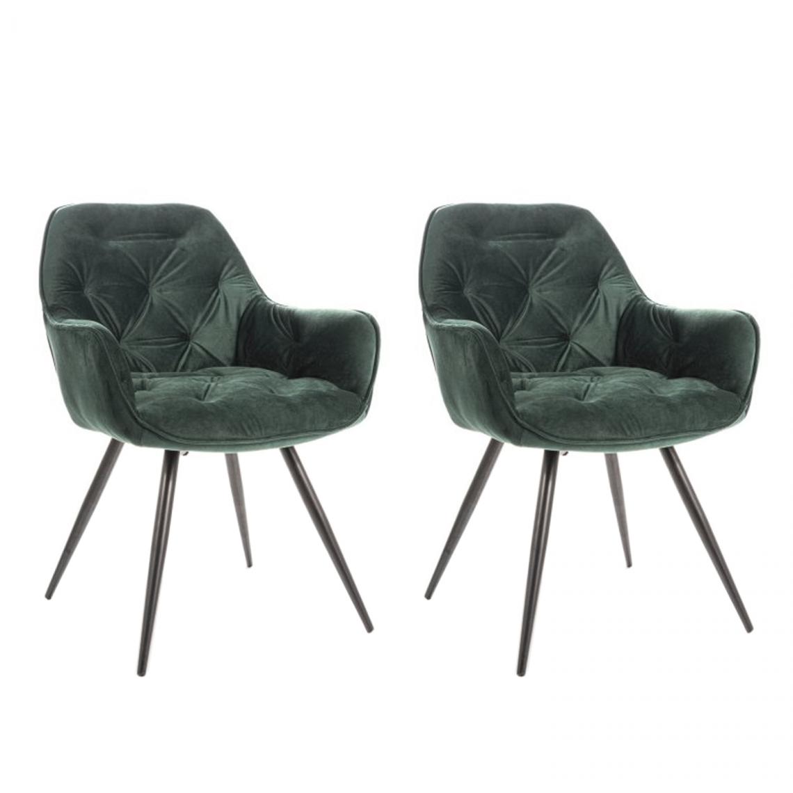Hucoco - CHERLY - Lot de 2 chaises avec accoudoirs style glamour - 83x45x44cm - Velours + Pieds en métal - Vert - Chaises