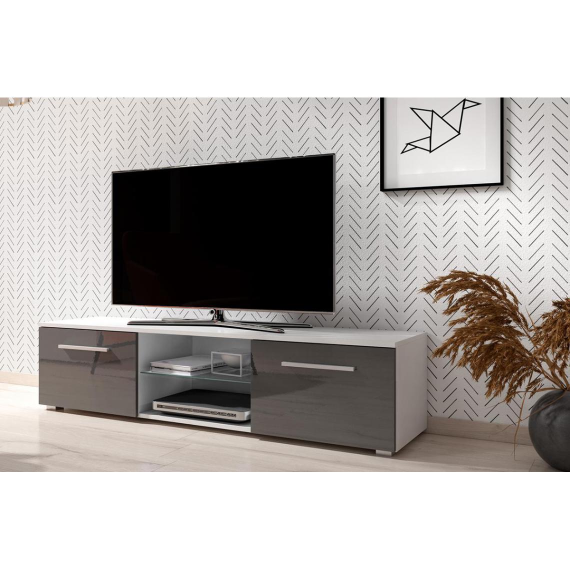Pegane - Meuble TV coloris blanc mat / blanc brillant - hauteur 36 x Longueur 140 x profondeur 40cm - Meubles TV, Hi-Fi