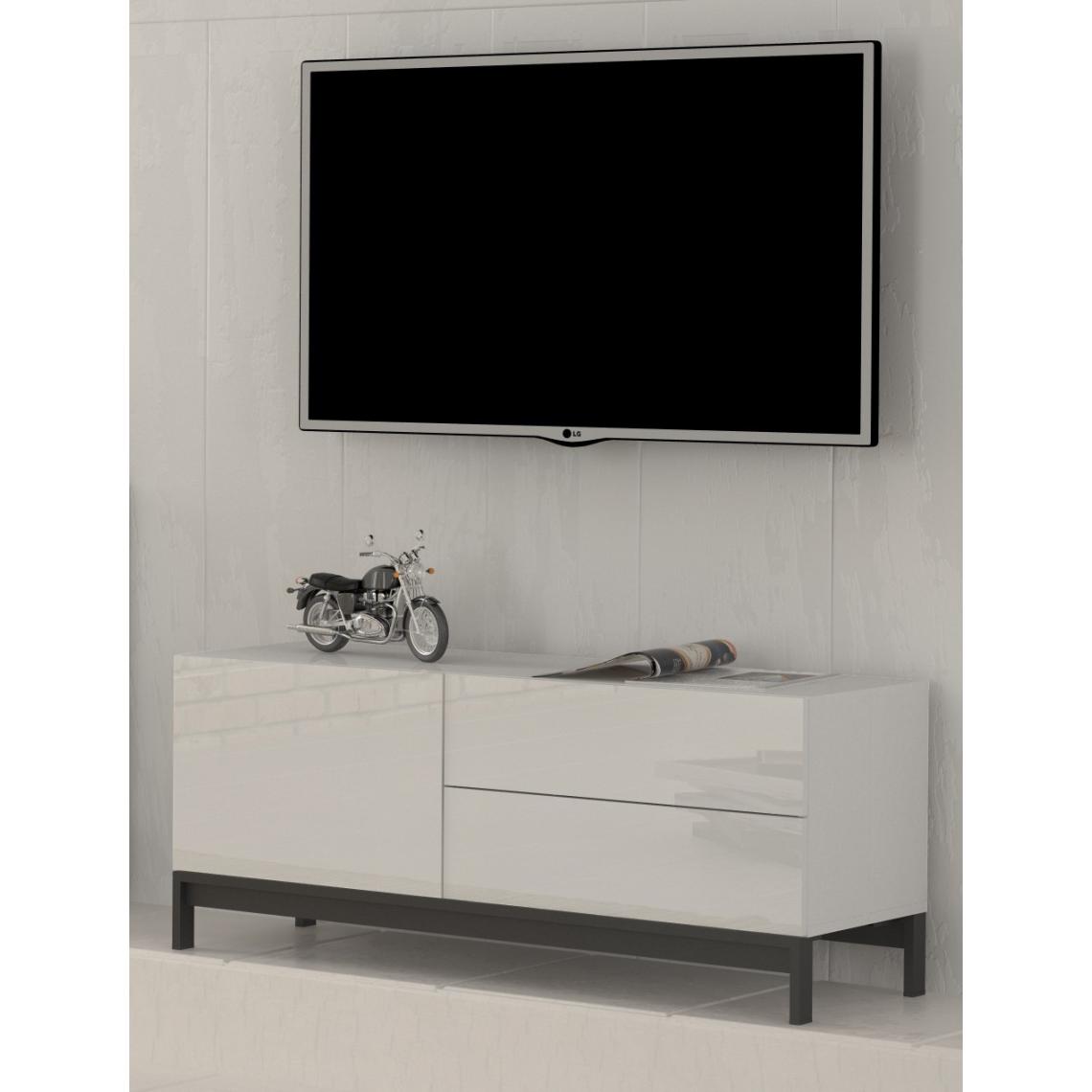 Alter - Meuble TV de salon, Made in Italy, Meuble TV de salon surélevé, 1 porte et tiroirs, 110x40h47 cm, coloris blanc brillant - Meubles TV, Hi-Fi