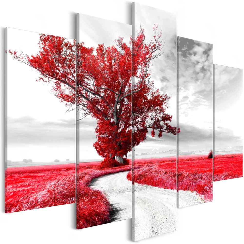 Bimago - Tableau - Tree near the Road (5 Parts) Red - Décoration, image, art | Paysages | Arbres | - Tableaux, peintures