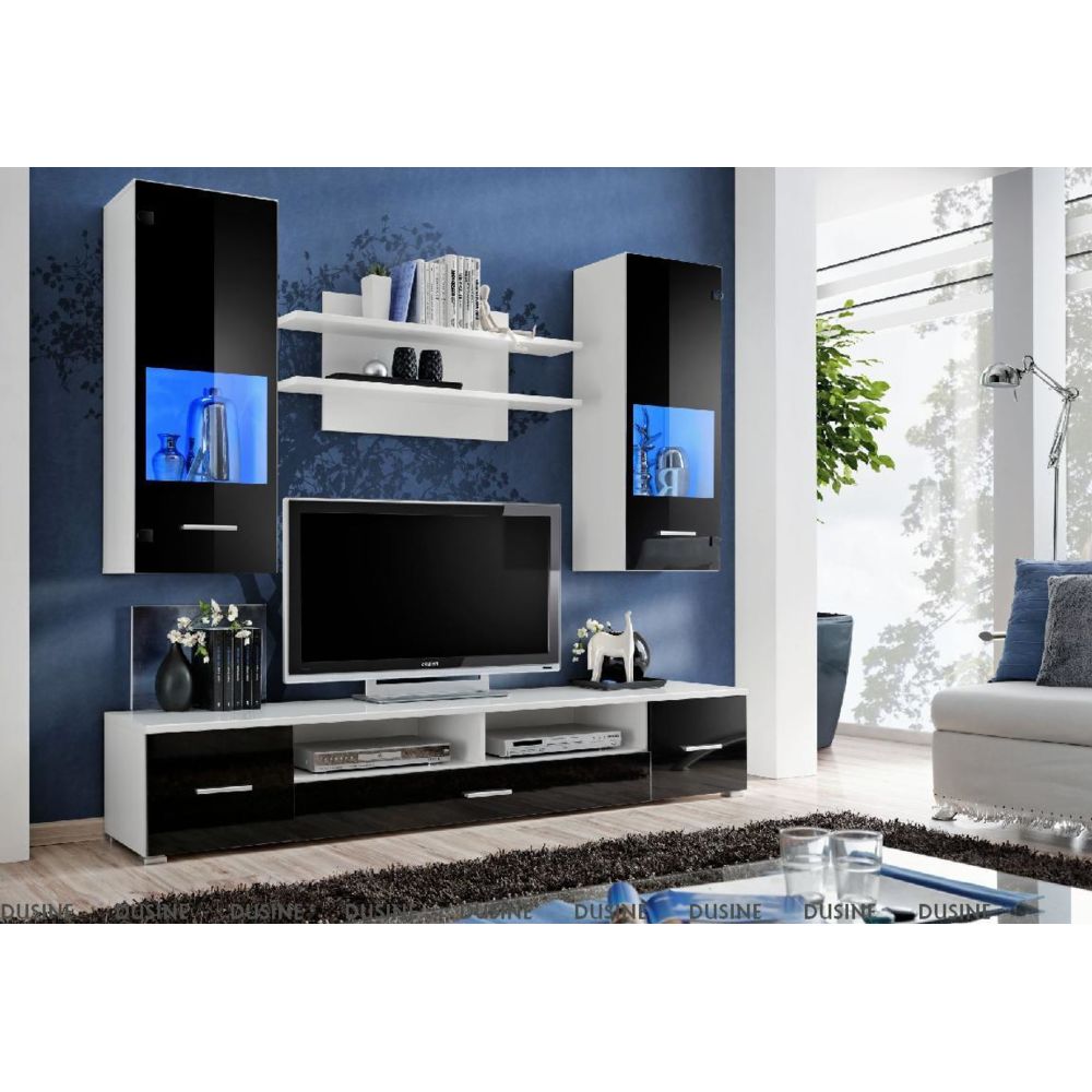 Dusine - Meuble TV mural Magnetic Noir brillant et Blanc mat 200cm - Meubles TV, Hi-Fi