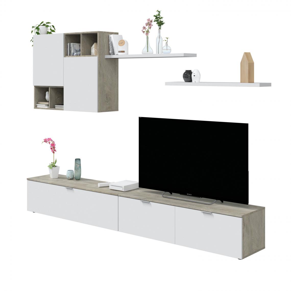 Alter - Système mural de salon, meuble TV blanc moderne, avec élément mural et étagères, 260 x 37 x 40 cm, couleur blanc et chêne - Meubles TV, Hi-Fi