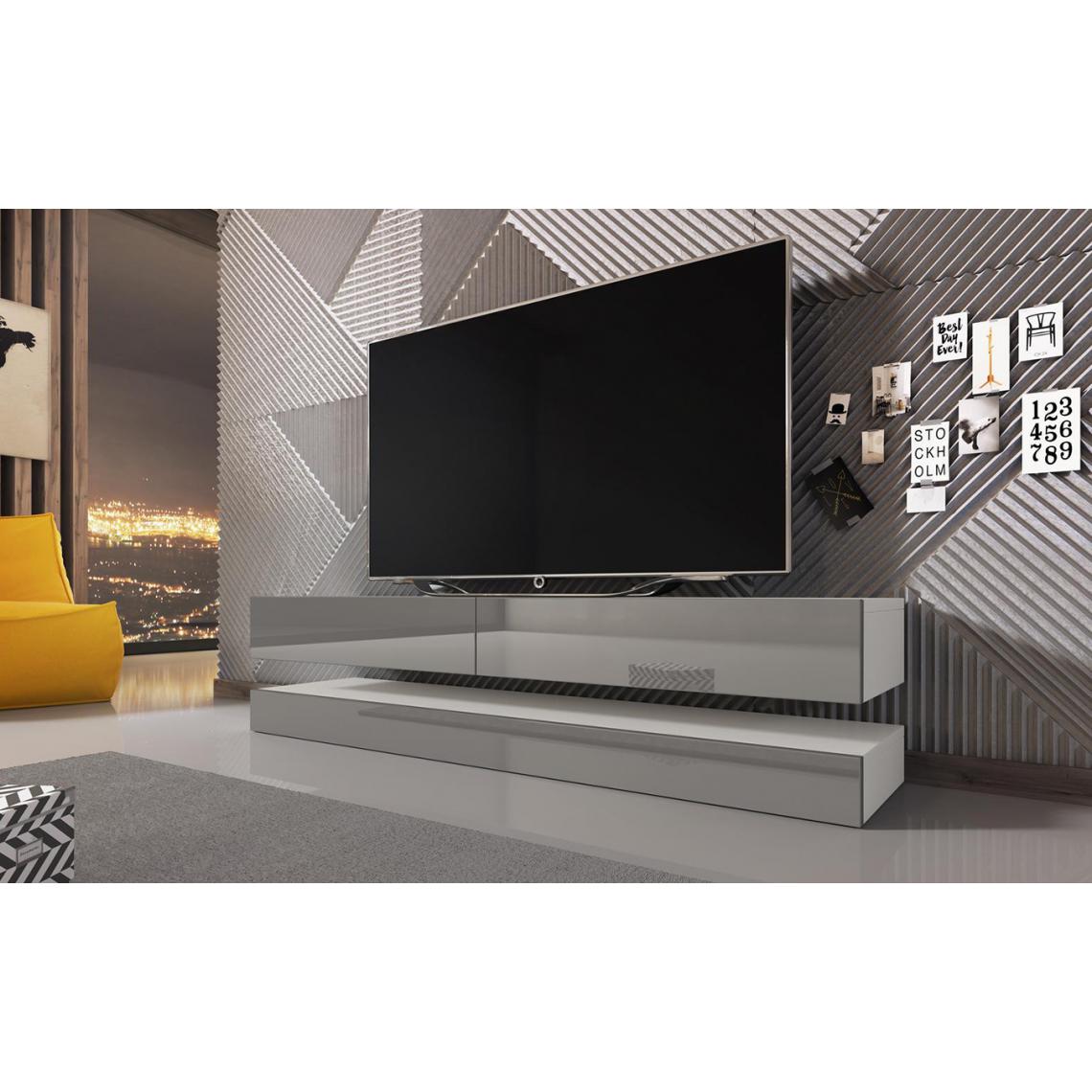 Pegane - Meuble TV design coloris blanc mat / gris brillant - Hauteur 35 x Longueur 140 x Profondeur 40 cm - Meubles TV, Hi-Fi
