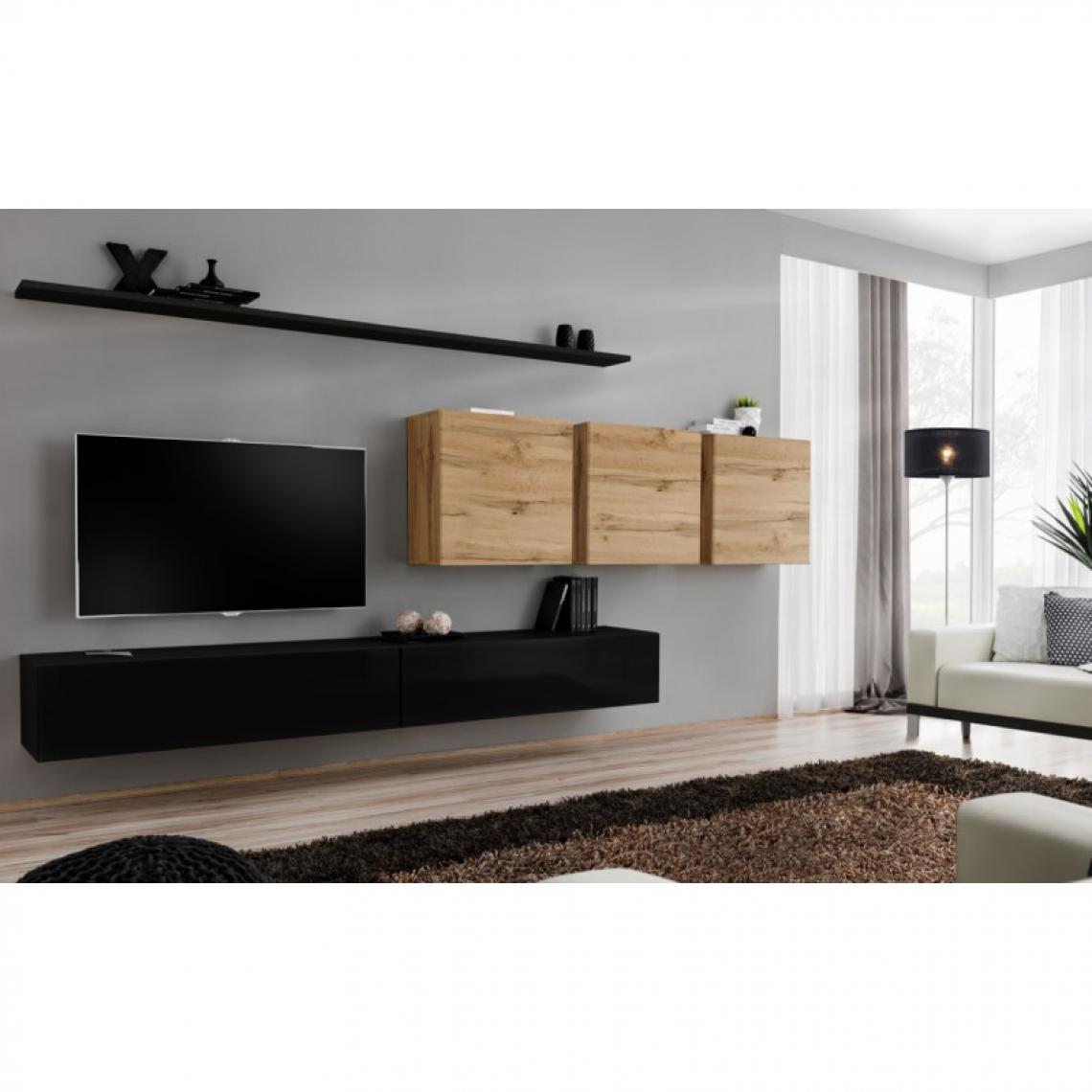 Ac-Deco - Meuble TV Mural Design Switch VII 340cm Noir & Naturel - Meubles TV, Hi-Fi