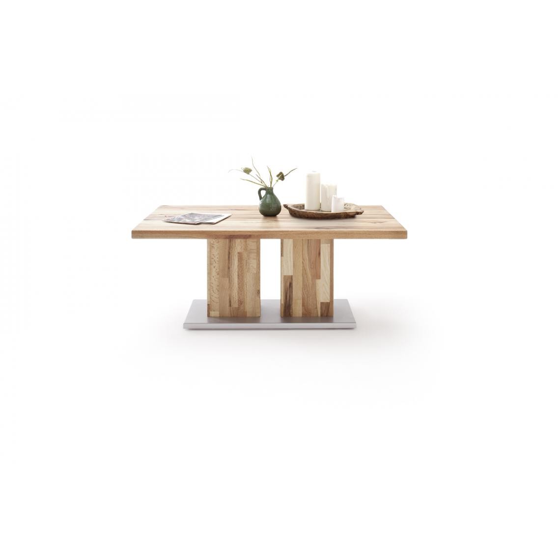 Pegane - Table basse en chêne massif huilé avec socle en métal argenté - L120 x H50 x P75 cm - Tables basses