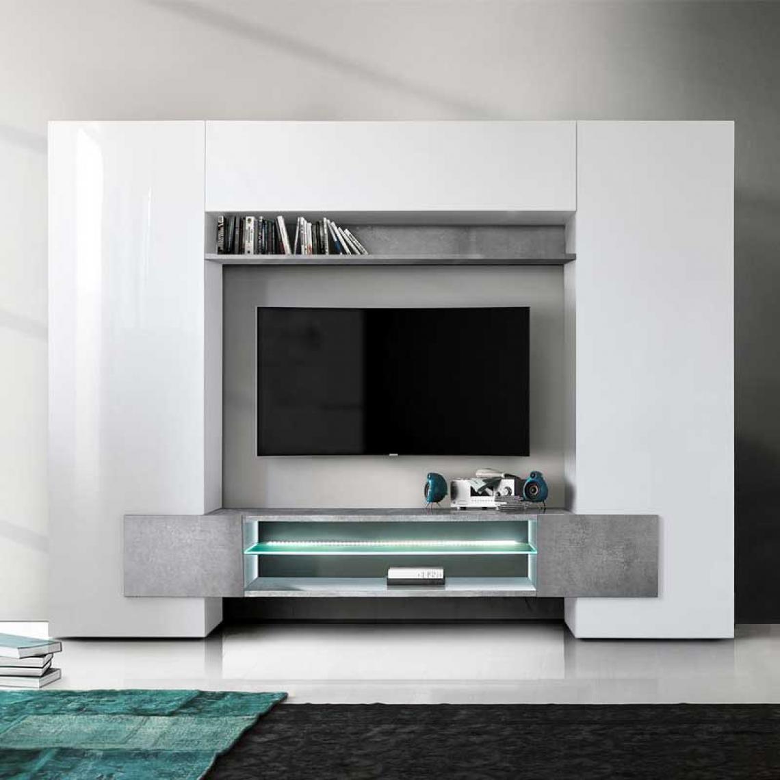 Tousmesmeubles - Composition TV 3 portes laqué Blanc brillant/Béton ciré à LEDs - CATANE - Meubles TV, Hi-Fi