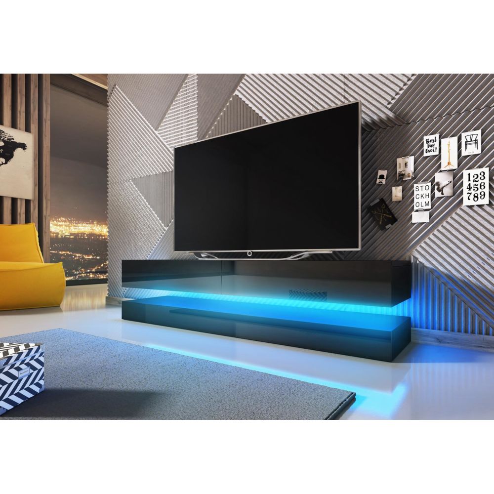 Vivaldi - VIVALDI Meuble TV - FLY - 140 cm - noir mat / noir brillant +LED - style moderne - Meubles TV, Hi-Fi
