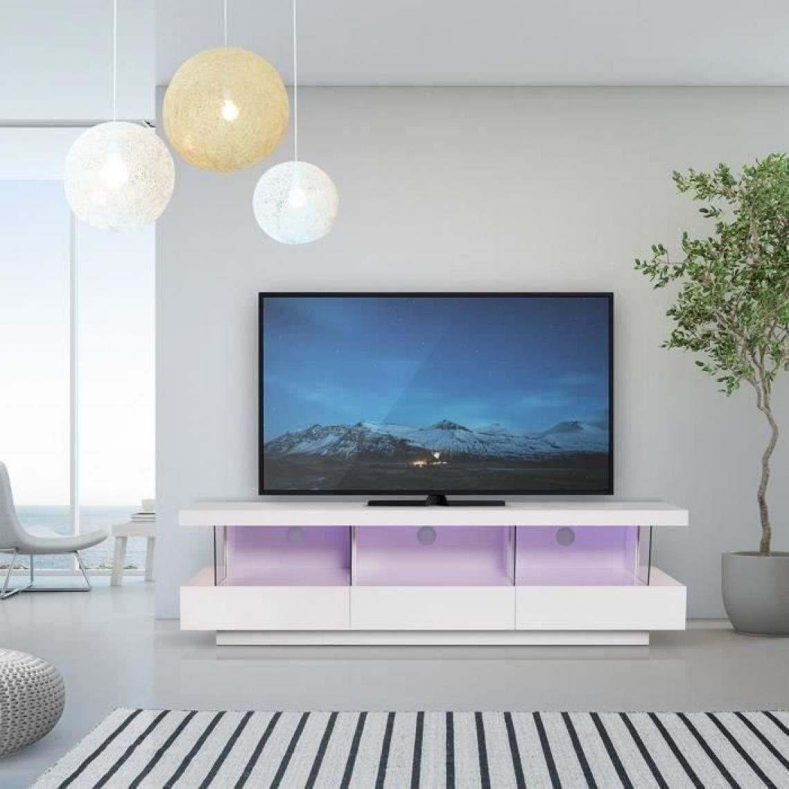 Cstore - CSTORE - meuble tv 3 tiroirs et luminaire led - blanc laqué - l 160xp 39xh 45 cm - Blue light - Meubles TV, Hi-Fi