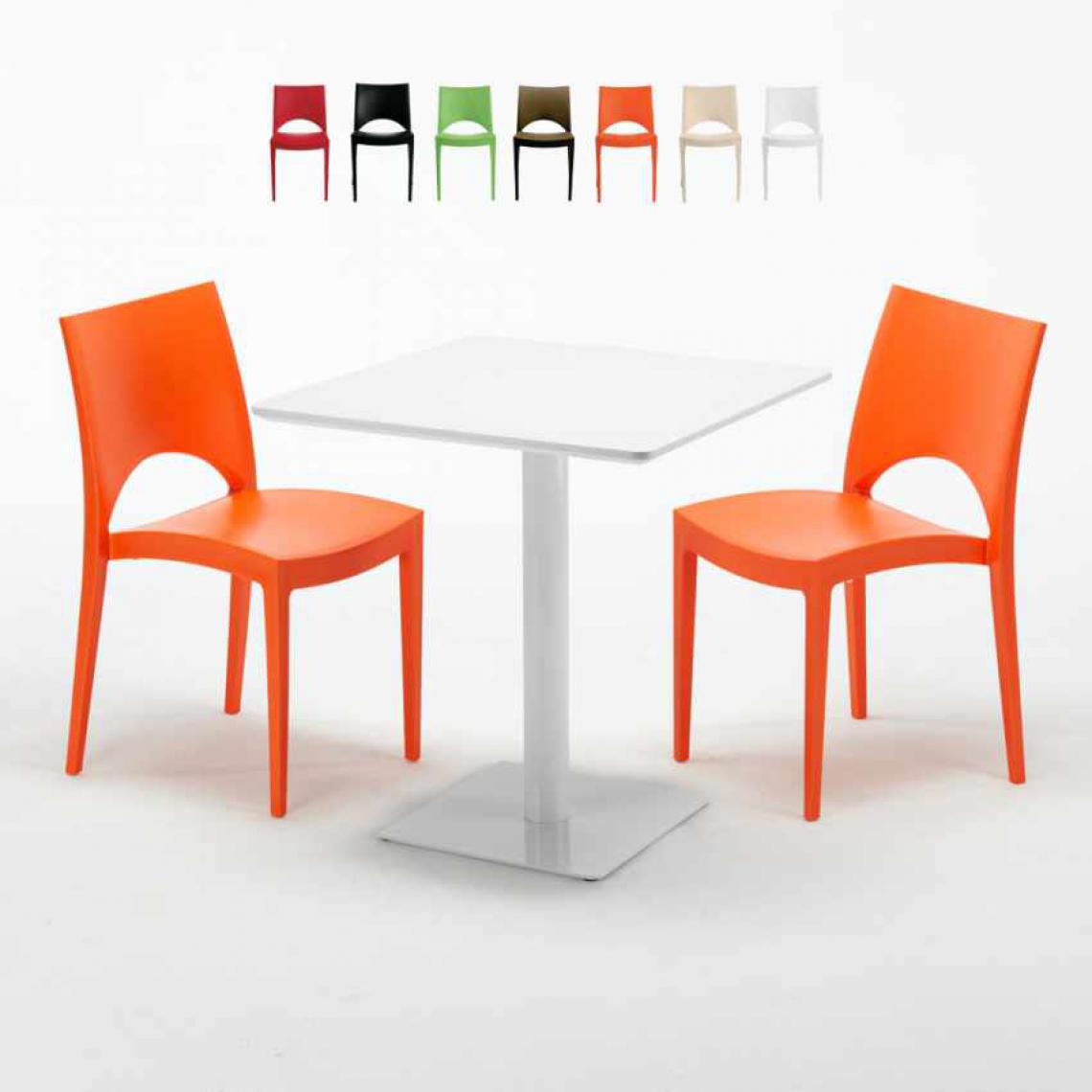 Grand Soleil - Table carrée 70x70 blanche avec 2 chaises colorées Paris Meringue, Couleur: Orange - Tables à manger